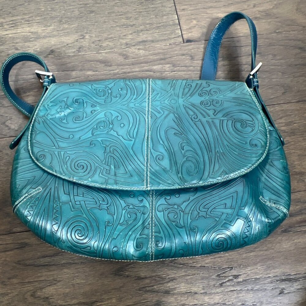 VINTAGE COLE HAAN Hand Tooled Leather Hobo Shoulder Bag Teal Green - Picture 9 of 11